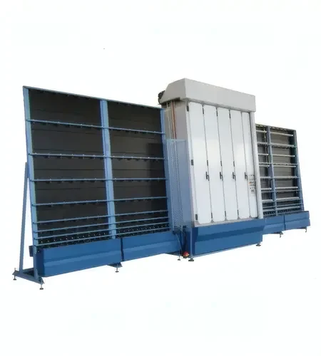 Lavadora vertical de vidrio plano con estructura de soporte azul y módulos de secado.