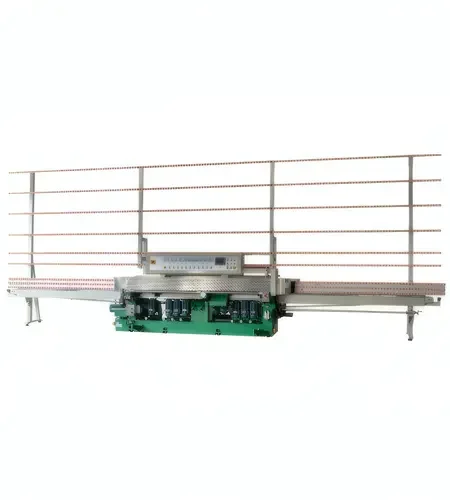 Pulidora rectilínea de cantos de vidrio con rack de soporte extendido y cabezales de pulido verdes.